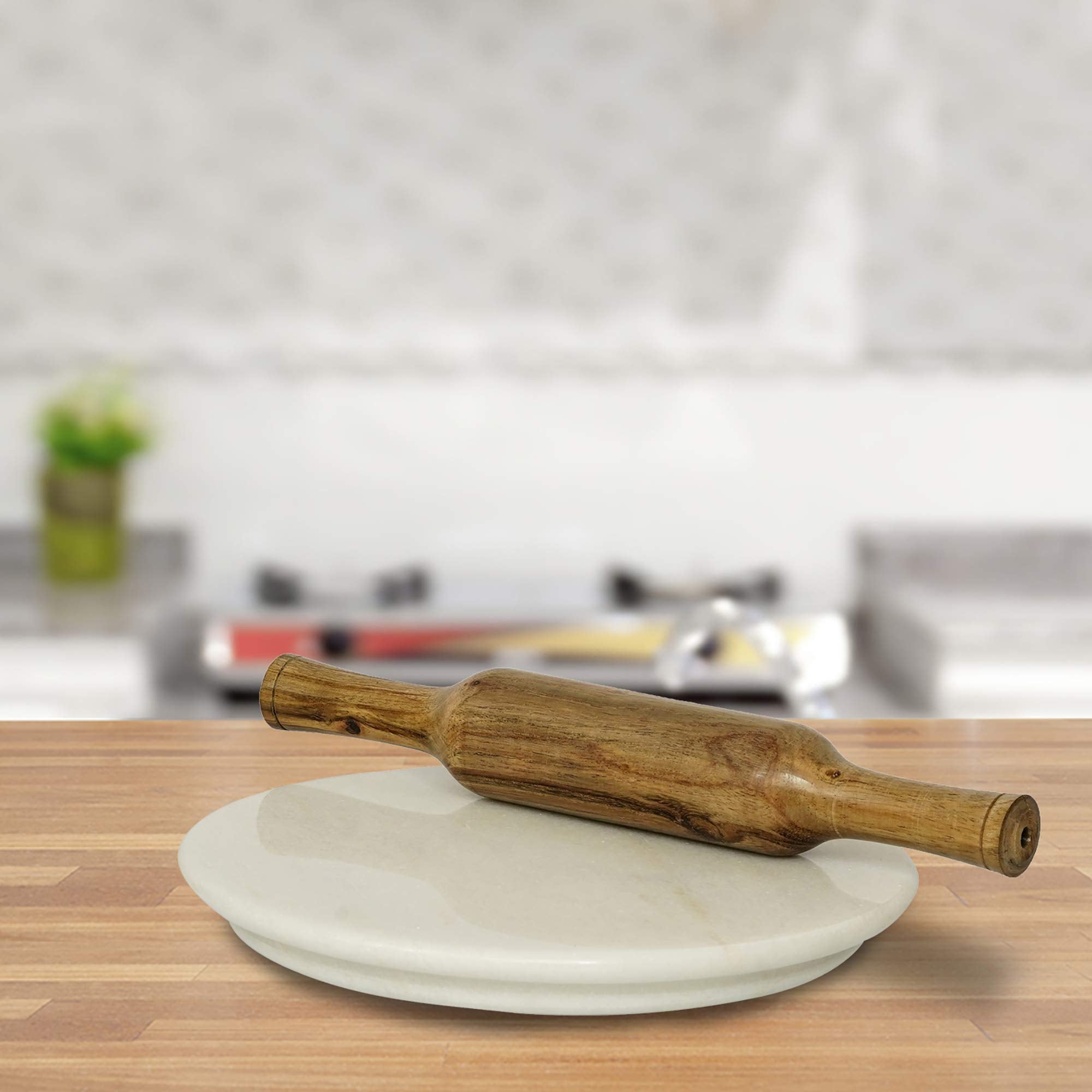 Desert Crafts 10 Inch White Marble Chakla And Polpat 12 Inch Wooden Belan For Home & Kitchen (10 Inch White Marble)